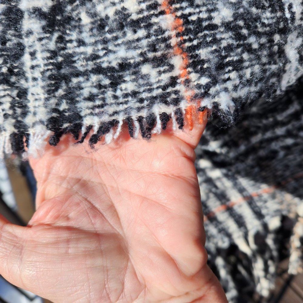 Scarf, soft, warm, fringe, like new!  Gray, white, black, hint of orange! - Picture 9 of 10
